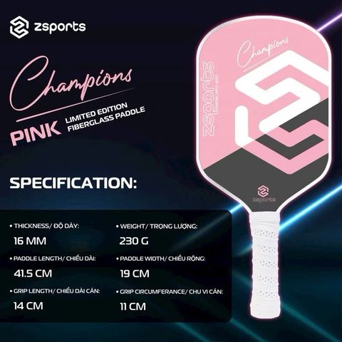 (XẢ KHO) Vợt Pickleball ZSPORTS CHAMPIONS 16mm – Mặt sợi thủy tinh, Lõi tổ ong PP, Trọng lượng 230g, Lựa chọn hoàn hảo cho người mới chơi