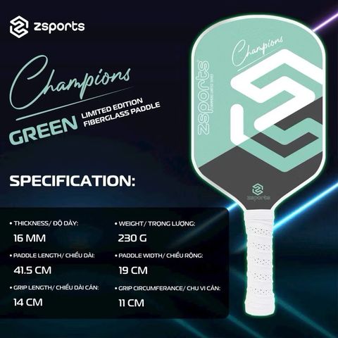 (XẢ KHO) Vợt Pickleball ZSPORTS CHAMPIONS 16mm – Mặt sợi thủy tinh, Lõi tổ ong PP, Trọng lượng 230g, Lựa chọn hoàn hảo cho người mới chơi
