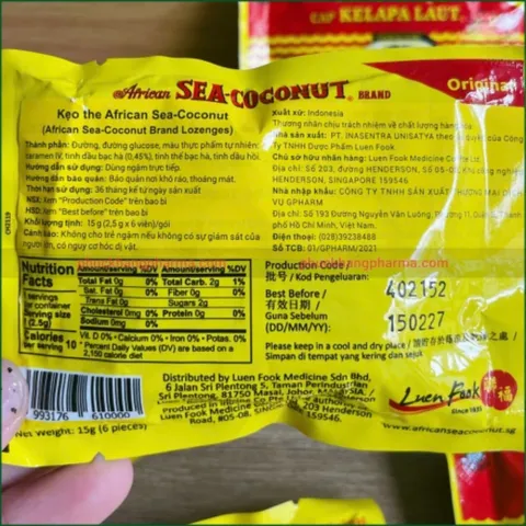 Kẹo Ngậm African Sea-Coconut Lozenges - Hỗ Trợ Giảm Ho, Dịu Cổ Họng, Tươi Mát Hơi Thở - Gói 15g (6 Viên) Chính Hãng Loại 1
