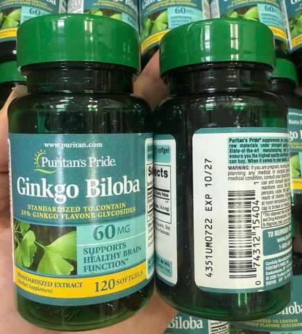 Viên uống bổ não Ginkgo Biloba 60mg Puritan's Pride - Tăng cường trí nhớ, hỗ trợ tập trung và sức khỏe tinh thần, 120 viên