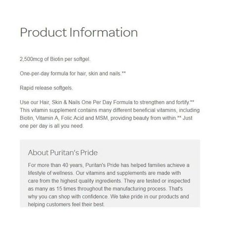 Viên Uống Puritan's Pride Hair Skin & Nails One Per Day 2500 mcg - Hỗ Trợ Làm Đẹp Tóc, Da, Móng Khỏe Mạnh và Bóng Đẹp