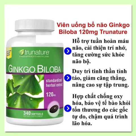 (Fullbox) Viên uống bổ não Ginkgo Biloba 120mg Trunature - bổ sung trí nhớ, giúp tâm trạng và sức khỏe não bộ cho mọi lứa tuổi