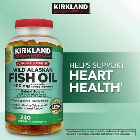 Dầu Cá Kirkland Wild Alaskan Fish Oil 1400mg - Hỗ Trợ Sức Khỏe Tim Mạch và Não Bộ, Hộp 230 Viên Omega-3 Tự Nhiên
