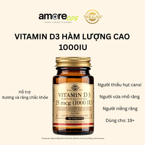 Vitamin D3 Solgar 1000IU - Hỗ Trợ Chắc Khỏe Xương và Răng, Lọ 90 Viên Bổ Sung Vitamin D3 Cao, Chất Lượng Mỹ
