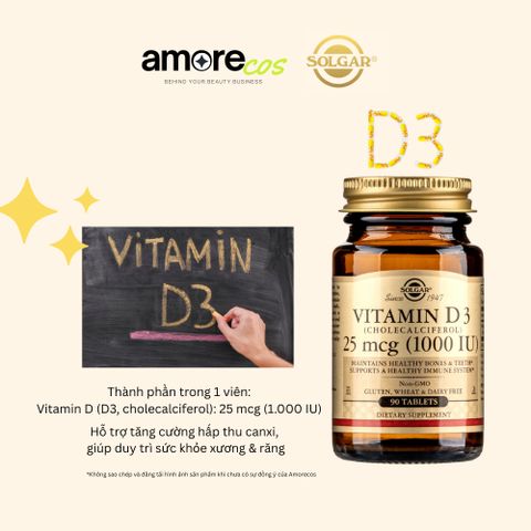 Vitamin D3 Solgar 1000IU - Hỗ Trợ Chắc Khỏe Xương và Răng, Lọ 90 Viên Bổ Sung Vitamin D3 Cao, Chất Lượng Mỹ