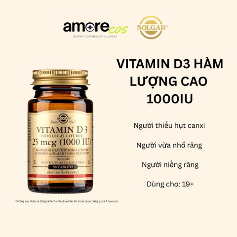Vitamin D3 Solgar 1000IU - Hỗ Trợ Chắc Khỏe Xương và Răng, Lọ 90 Viên Bổ Sung Vitamin D3 Cao, Chất Lượng Mỹ