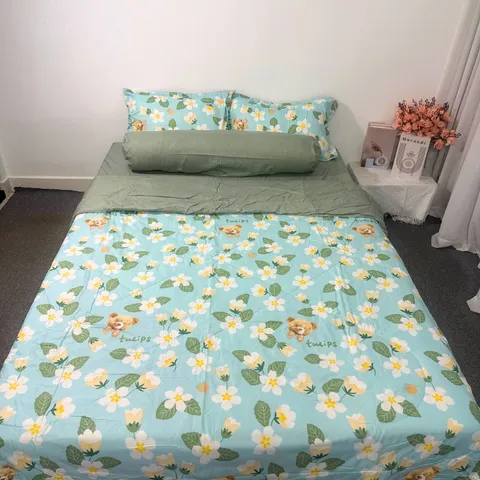 Bộ Chăn Ga Microfiber Cao Cấp 5 Món - Ảnh Thực Tế, Êm Dịu - Ga Bọc Nệm 20cm, Vỏ Gối, Chăn Chần Bông Thoáng Khí