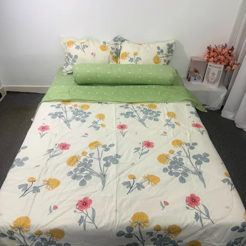 Bộ chăn ga cotton microfiber cao cấp 5 món - êm ái, thoáng khí, bọc nệm 20cm, chăn chần bông nhẹ, vỏ gối sang trọng, tiện dụng cho giấc ngủ hoàn hảo