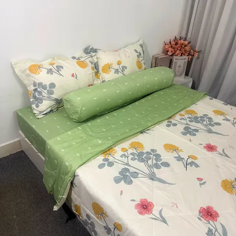 Bộ chăn ga cotton microfiber cao cấp 5 món - êm ái, thoáng khí, bọc nệm 20cm, chăn chần bông nhẹ, vỏ gối sang trọng, tiện dụng cho giấc ngủ hoàn hảo