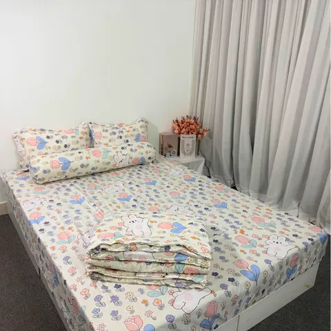 Bộ Chăn Ga Cotton Microfiber 5 Món Cao Cấp - Êm Mềm, Thoáng Khí, Thiết Kế Sang Trọng Bọc Nệm 20cm - Giấc Ngủ Thoải Mái