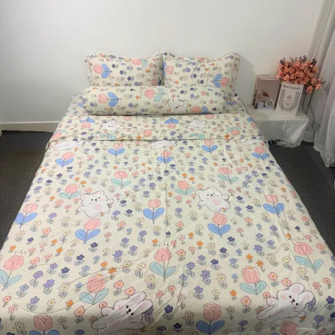 Bộ Chăn Ga Cotton Microfiber 5 Món Cao Cấp - Êm Mềm, Thoáng Khí, Thiết Kế Sang Trọng Bọc Nệm 20cm - Giấc Ngủ Thoải Mái