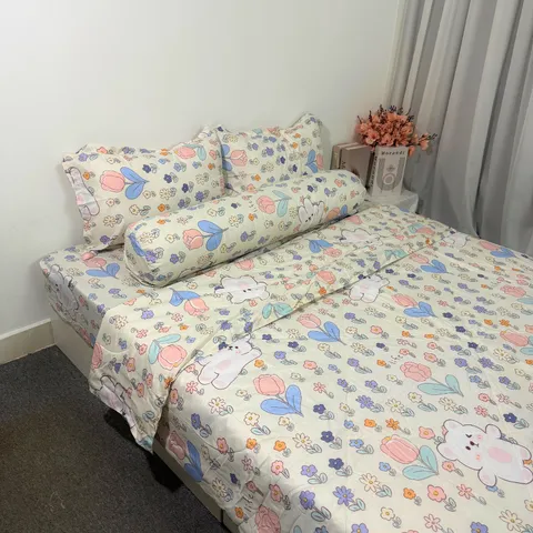 Bộ Chăn Ga Cotton Microfiber 5 Món Cao Cấp - Êm Mềm, Thoáng Khí, Thiết Kế Sang Trọng Bọc Nệm 20cm - Giấc Ngủ Thoải Mái