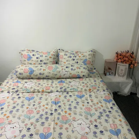 Bộ Chăn Ga Cotton Microfiber 5 Món Cao Cấp - Êm Mềm, Thoáng Khí, Thiết Kế Sang Trọng Bọc Nệm 20cm - Giấc Ngủ Thoải Mái