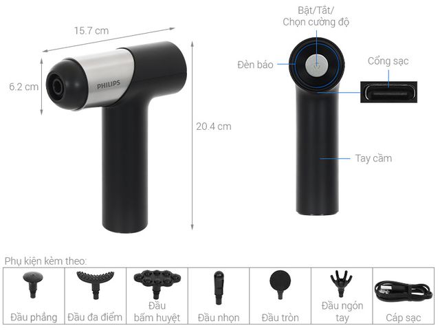 Súng Massage Cầm Tay Philips PPM7323 - Thiết Bị Massage Trị Liệu Hiệu Suất Cao với 6 Đầu Massage và 7 Mức Độ Tùy Chỉnh