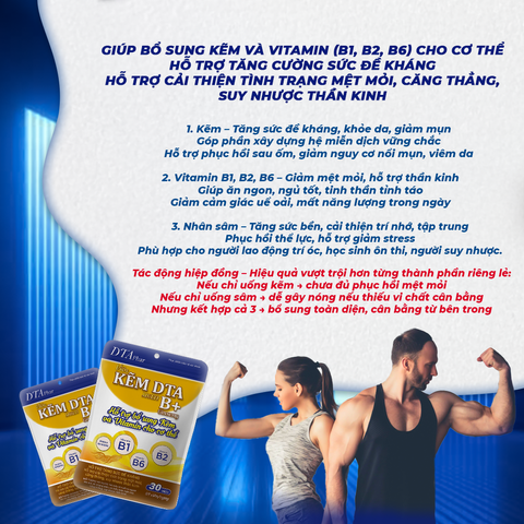 Viên uống Kẽm DTA kết hợp Vitamin B1, B2, B6 và Nhân sâm - Tăng cường đề kháng, giảm mệt mỏi, cải thiện căng thẳng, hỗ trợ sức khỏe