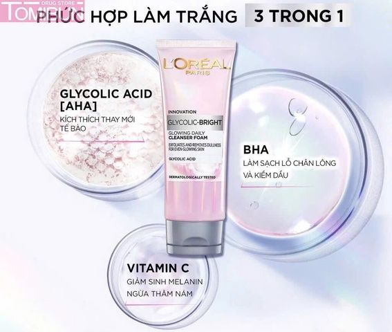 Sữa Rửa Mặt Loreal Glycolic-Bright 100ml - Làm Sáng Da, Loại Bỏ Tế Bào Chết, Vitamin C và Chiết Xuất Tự Nhiên, Dưỡng Da Mềm Mại