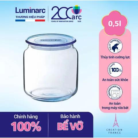 Bộ 3 Hũ Thủy Tinh Luminarc Rondo 0.5L Nắp Kín Màu Xanh Ice Blue - Bảo Quản Thực Phẩm An Toàn, Hàng Chính Hãng Pháp