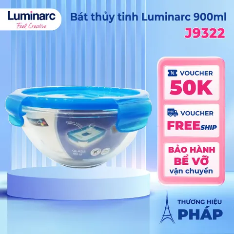 Bát thủy tinh Luminarc 900ml J9322 - Hộp bảo quản thực phẩm có nắp, an toàn, chống bám mùi và dễ vệ sinh, lý tưởng cho văn phòng và du lịch