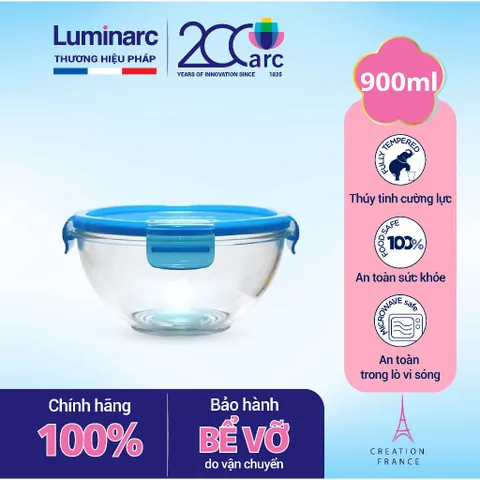 Bát thủy tinh Luminarc 900ml J9322 - Hộp bảo quản thực phẩm có nắp, an toàn, chống bám mùi và dễ vệ sinh, lý tưởng cho văn phòng và du lịch