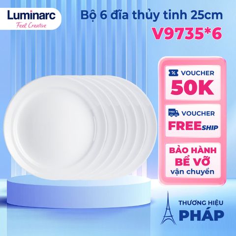 Bộ 6 Đĩa Thủy Tinh Luminarc Cannes 25CM - An Toàn Lò Vi Sóng và Máy Rửa Bát - Mẫu Bền Bỉ, Kháng Vỡ