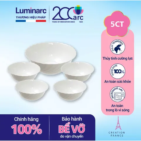 Bộ 5 Bát Thủy Tinh Luminarc Trianon J3190 - 1 Bát Tô Canh 24cm & 4 Bát Ăn Cơm 12cm - Sang Trọng & Bền Bỉ, An Toàn Trong Lò Vi Sóng