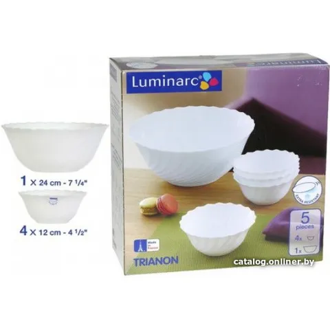 Bộ 5 Bát Thủy Tinh Luminarc Trianon J3190 - 1 Bát Tô Canh 24cm & 4 Bát Ăn Cơm 12cm - Sang Trọng & Bền Bỉ, An Toàn Trong Lò Vi Sóng