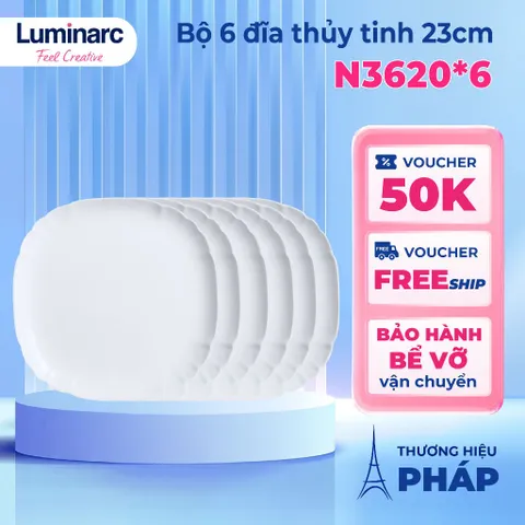 Bộ 6 Đĩa Thủy Tinh Nông Lòng Luminarc Lotusia 23cm - Đĩa An Toàn Cho Lò Vi Sóng, Sang Trọng Và Thẩm Mỹ Trong Bàn Ăn