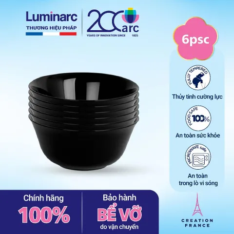 Bộ 6 bát thủy tinh Luminarc Everyday 12cm màu đen - Hàng chính hãng, an toàn cho máy rửa bát và lò vi sóng, thiết kế hiện đại