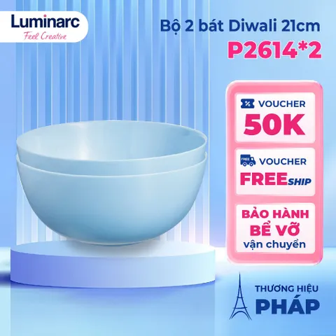 Bộ 2 bát tô canh thủy tinh Luminarc Diwali Light Blue 21cm - Hàng chính hãng An toàn, Đẹp, Tiện dụng cho Nhà Bếp