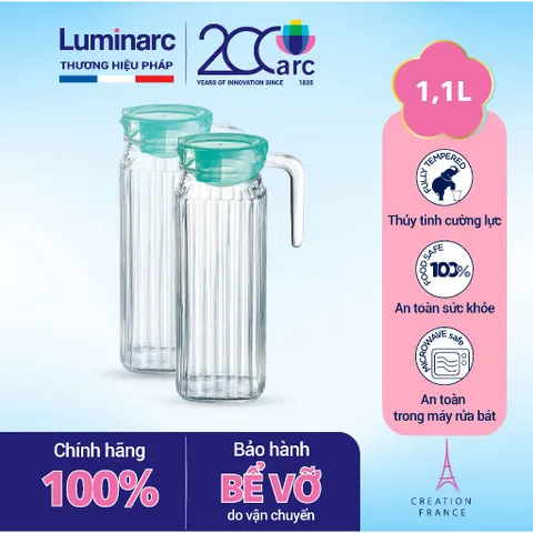Bộ 2 Bình Thủy Tinh Luminarc Quadro Ice Green 1.1L - Thiết Kế Hiện Đại, An Toàn, Chống Xước, Dùng trong Máy Rửa Bát