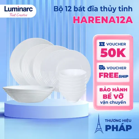 Bộ bát đĩa thủy tinh Luminarc Harena 12 chi tiết - Thích hợp dùng lò vi sóng, thiết kế hiện đại, an toàn cho sức khỏe