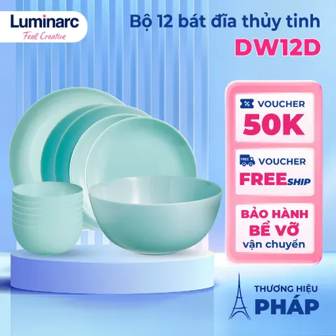 [Hàng Pháp] Bộ bát đĩa tô thủy tinh Luminarc Diwali xanh ngọc 12 chi tiết DW 12D, dùng lò vi sóng