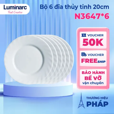Bộ 6 đĩa thủy tinh cường lực Luminarc Trianon 20cm - An toàn lò vi sóng, chống xước, tiện ích cho bàn ăn