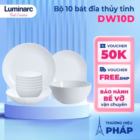 Bộ bát đĩa thủy tinh Luminarc Diwali 10 chi tiết - An toàn vi sóng, máy rửa bát, thiết kế hiện đại cho không gian bếp
