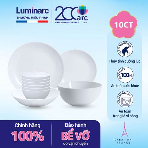 Bộ bát đĩa thủy tinh Luminarc Diwali 10 chi tiết - An toàn vi sóng, máy rửa bát, thiết kế hiện đại cho không gian bếp