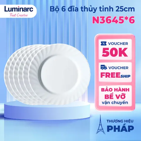 Bộ 6 Đĩa Thủy Tinh Luminarc Trianon 25cm - Chịu Nhiệt, An Toàn Lò Vi Sóng, Hàng Chính Hãng Từ Pháp