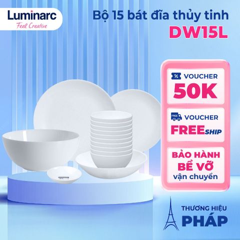Bộ bát đĩa thủy tinh Luminarc Diwali 15 chi tiết DW 15L - An toàn lò vi sóng, máy rửa bát, thiết kế hiện đại, chịu va đập tốt