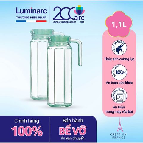 Bộ 2 Bình Thủy Tinh Luminarc Octime Ice Green 1.1L - Đựng Nước An Toàn, Kiểu Dáng Hiện Đại, Hàng Chính Hãng Pháp