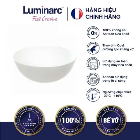 Bát Tô Thủy Tinh Nhỡ 14.5cm Luminarc Diwali Chính Hãng - Màu Trắng, An Toàn Sử Dụng Trong Lò Vi Sóng và Máy Rửa Bát