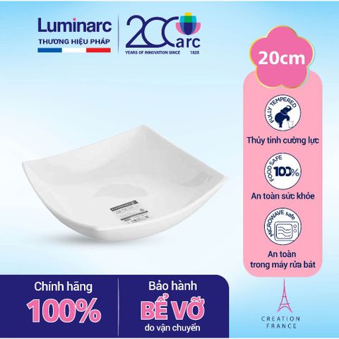 Đĩa Thủy Tinh Vuông Trắng Quadrato 20cm D7206 Cao Cấp, Đĩa Sâu Lòng An Toàn Cho Máy Rửa Bát, Lò Vi Sóng - Hàng Chính Hãng Luminarc