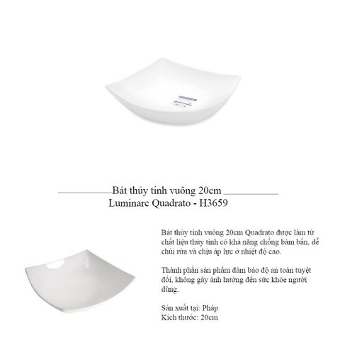 Đĩa Thủy Tinh Vuông Trắng Quadrato 20cm D7206 Cao Cấp, Đĩa Sâu Lòng An Toàn Cho Máy Rửa Bát, Lò Vi Sóng - Hàng Chính Hãng Luminarc