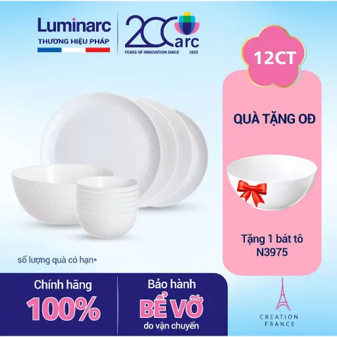 Bộ bát đĩa Luminarc Pampille 12 chi tiết màu trắng - Thủy tinh cao cấp Pháp, an toàn cho sức khỏe, chịu nhiệt và thích hợp cho lò vi sóng.