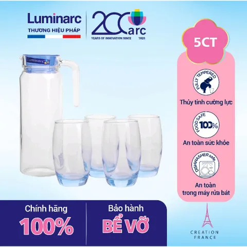 Bộ Bình Cốc Thủy Tinh Luminarc Xanh 5 Chi Tiết - Thiết Kế Hiện Đại An Toàn Cho Sức Khỏe - Hàng Chính Hãng J1799