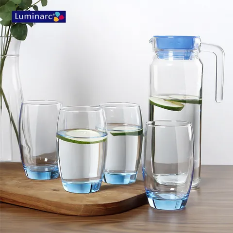 Bộ Bình Cốc Thủy Tinh Luminarc Xanh 5 Chi Tiết - Thiết Kế Hiện Đại An Toàn Cho Sức Khỏe - Hàng Chính Hãng J1799
