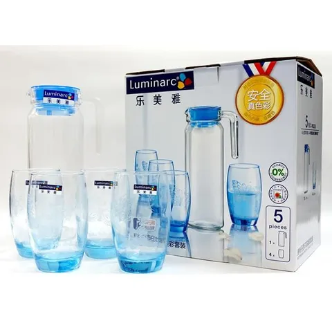 Bộ bình cốc thủy tinh Luminarc Rotterdam xanh dương - 1 Bình 1,1L & 4 Cốc 350ml, Trang trí hiện đại và tinh tế cho nhà bếp.