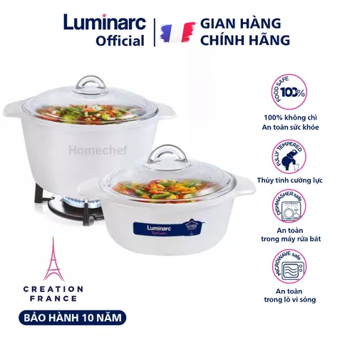 Bộ 2 nồi thủy tinh Luminarc LVCF6P2, dung tích 1.5L + 3L dùng bếp ga, hồng ngoại, bảo hành 10 năm