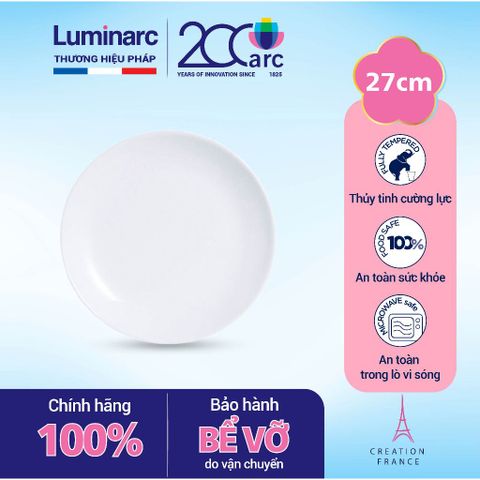 Đĩa thủy tinh Luminarc Diwali 27cm N3604 - Đĩa trắng sang trọng, an toàn cho lò vi sóng và máy rửa bát, hàng chính hãng Pháp