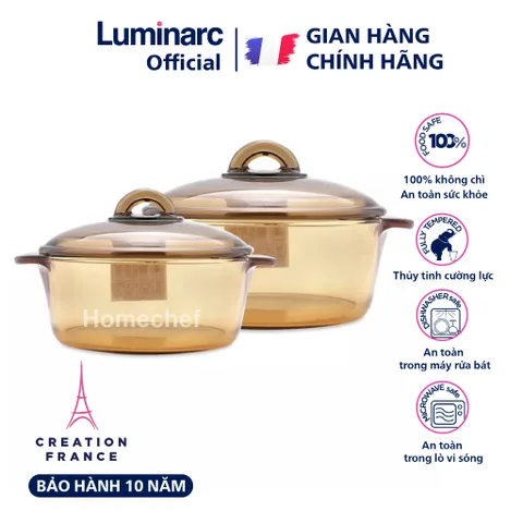 Bộ 2 nồi thủy tinh Luminarc Amberline 1.5L+2L LAVI6P4 dùng bếp ga, hồng ngoại, bảo hành 10 năm | Hàng chính hãng