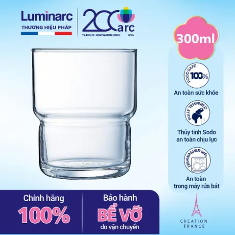 Bộ 6 cốc thủy tinh thấp Arcoroc LogT 300ml V4126 - An toàn cho máy rửa bát, thiết kế hiện đại, ly uống nước tiện ích cho bếp