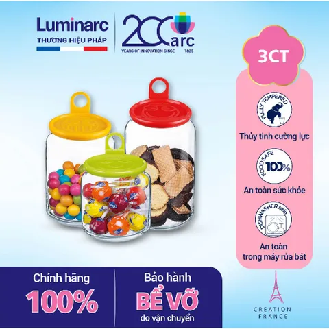 Bộ 3 Hũ Thủy Tinh Bảo Quản Thực Phẩm Luminarc Rondo Smile (0.5L, 0.75L, 1L) - An Toàn, Kiểu Dáng Đẹp, Chính Hãng Pháp